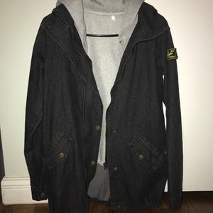 button up denim jacket and hooded vest